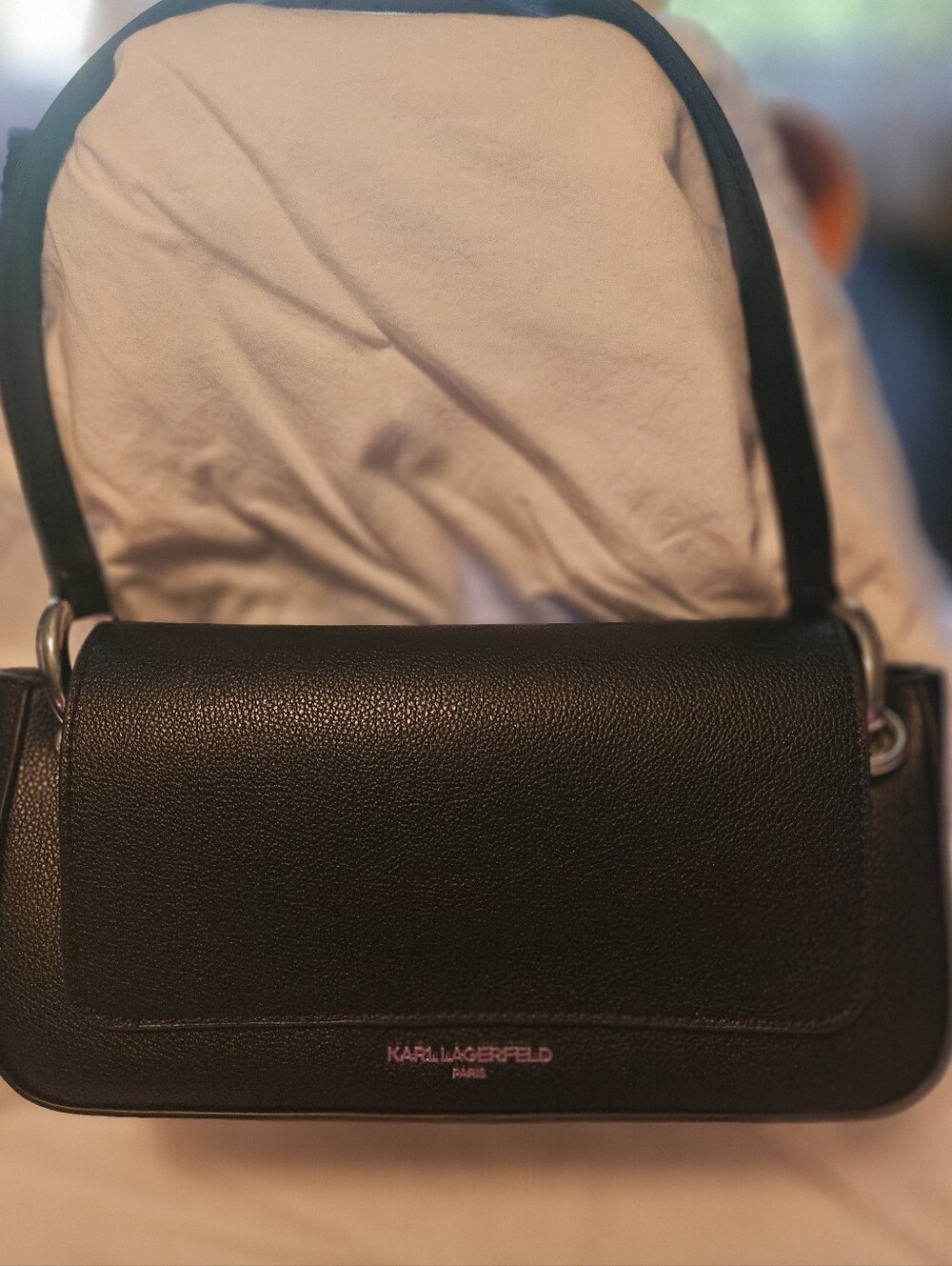 Karl Lagerfeld Black Pebbled Leather Shoulder Bag with Flap